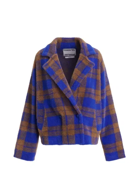 Cardigan Essentiel Antwerp în carouri cu două rânduri de nasturi albastru