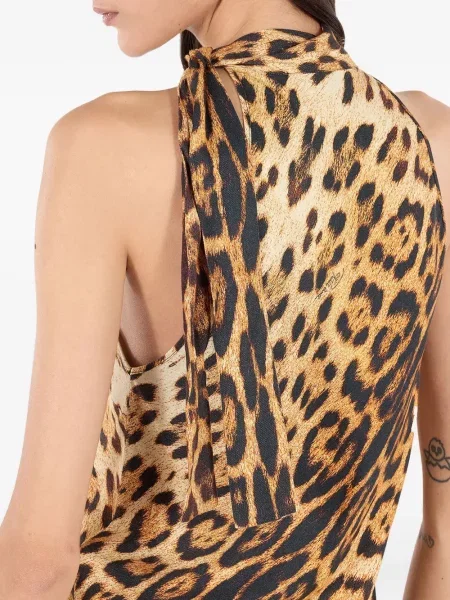 Top Roberto Cavalli cu imagine cu model leopard cu gât halter maro