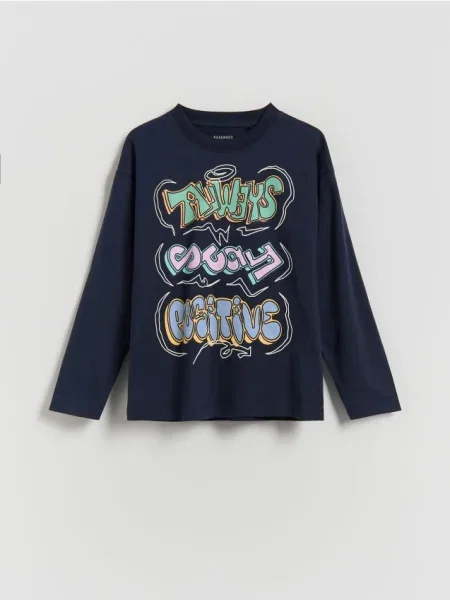 Reserved Tricou cu mânecă lungă și imprimeu bleumarin