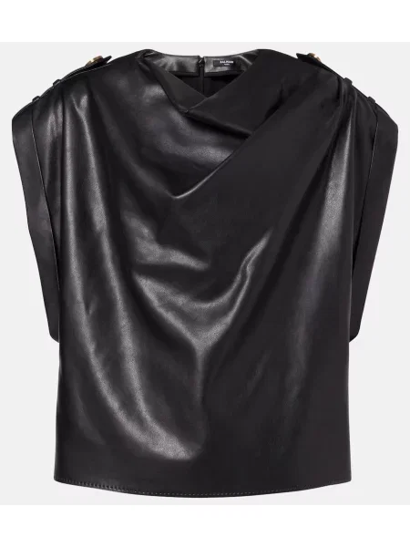 Top Balmain din piele drapat negru