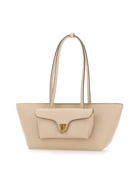 Coccinelle torebka shopper skórzana DOUBLE BEAT beżowa