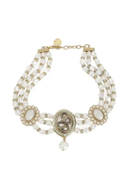 Pandantiv Roberto Cavalli cu perle cu model piele de șarpe auriu