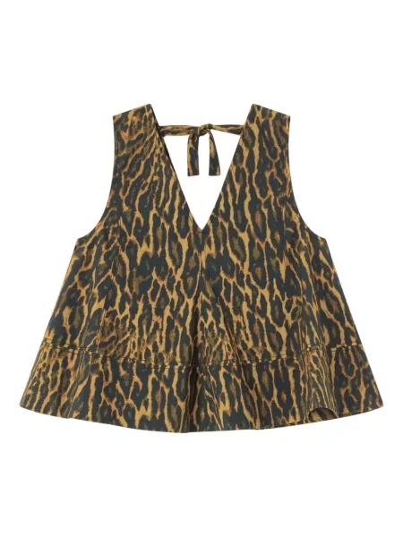 Top Ganni z nadrukiem z dekoltem w serek brązowy