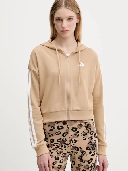 Суичър с качулка Adidas на райета с качулка с апликация бежово