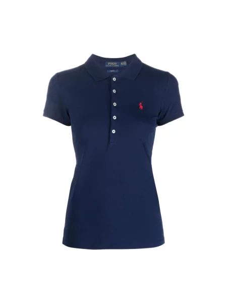 Koszulka polo Ralph Lauren z autografem ze stretchu z siateczki niebieska