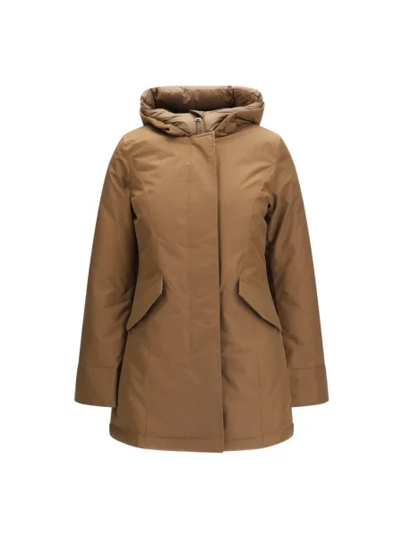 Lniana parka Woolrich z kapturem brązowa