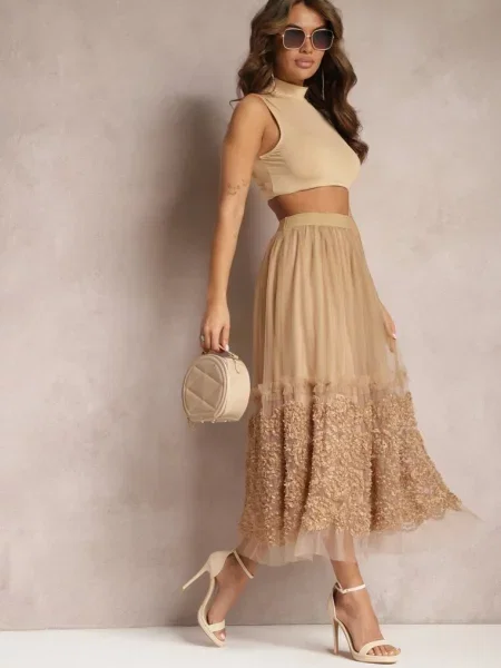 Tiulowa Spódnica Maxi z Gumką w Talii Nadelyn beżowa