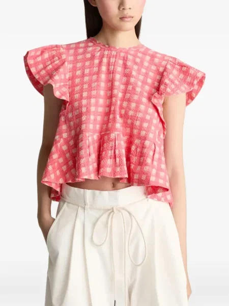 Bluză Lee Mathews în carouri cu volane roșu
