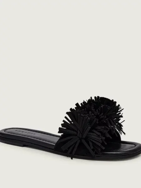 INUIKII Șlapi FRINGES FLOWER | piele întoarsă negru