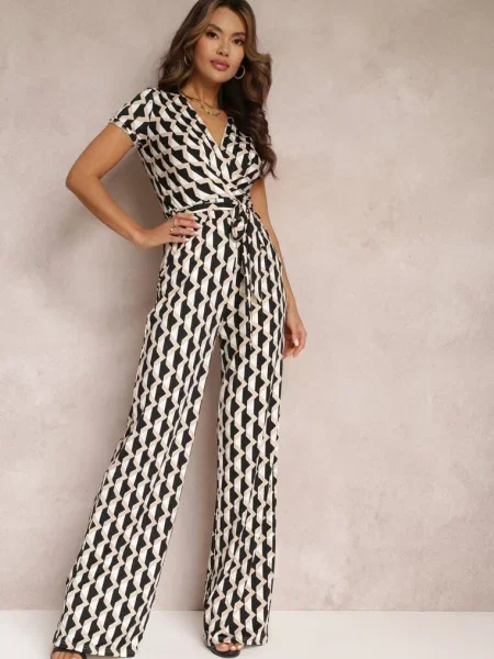 Kopertowy Kombinezon w Geometryczny Wzór z Wiązanym Anaba beżowy