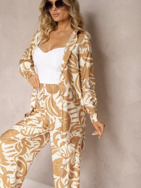 Set Din 2 piese din Cămașă cu mânecă lungă și Pantaloni largi Yiseria bej