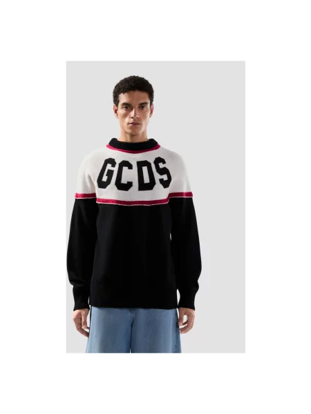 Sweter Gcds wełniany w paski z logo czarny