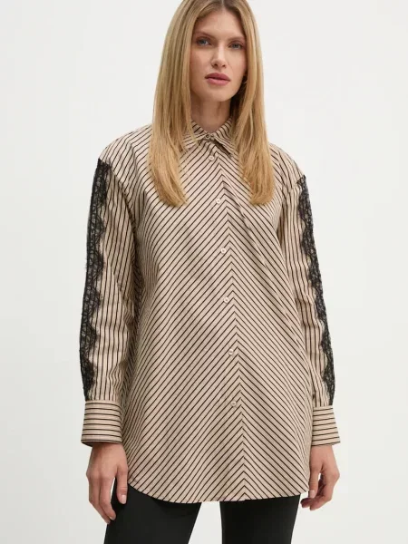 Риза Bruuns Bazaar IpoBBLua shirt дамска със свободна кройка с класическа яка бежово