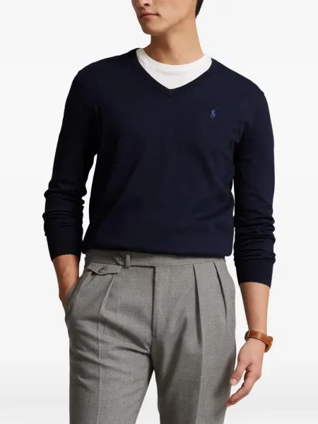 Пуловер Polo Ralph Lauren с автограф с връзки с кръгло деколте синьо