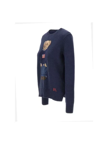Sweter z dzianiny z motywem i okrągłym dekoltem Ralph Lauren niebieski