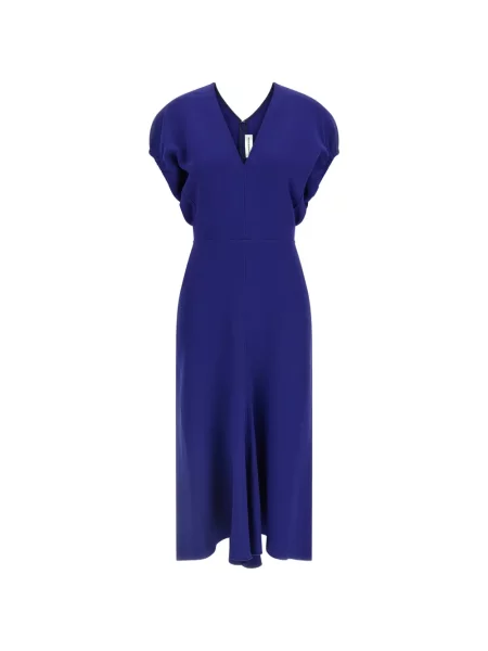 Rochie Victoria Beckham cu decolteu în V de costum albastru
