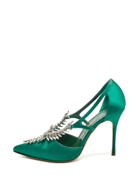 Pantofi cu toc Manolo Blahnik din satin de cristal verde