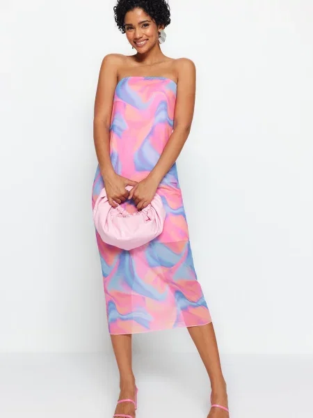 Rochie midi Trendyol tricotate cu imagine fără bretele roz