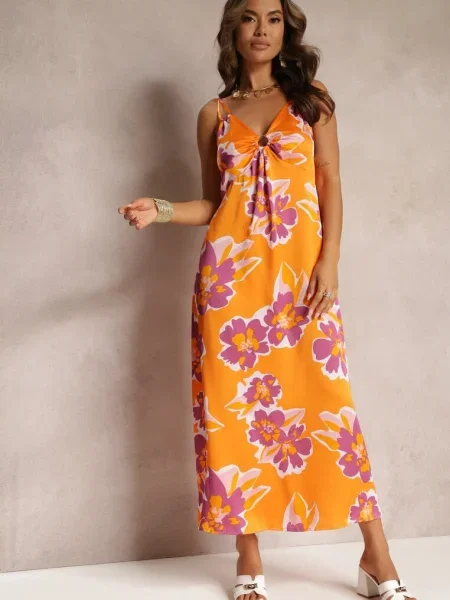 Rochie Maxi Satinată cu Imprimeu Floral și Aplicație la Decolteu Benna portocalie