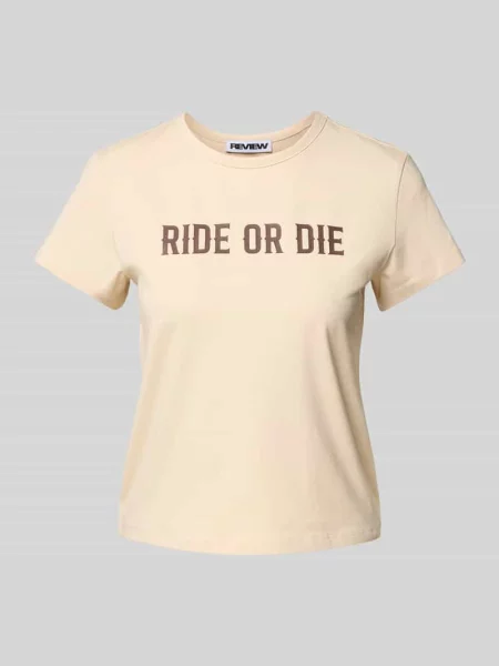 T-shirt z nadrukiem ze sloganem Review beżowa