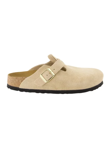 Klapki Birkenstock zamszowe z okrągłym noskiem beżowe