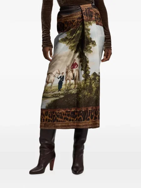 Fustă midi Ralph Lauren Collection de mătase cu imagine maro