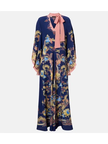 Rochie maxi Etro de mătase cu model paisley cu legături albastru