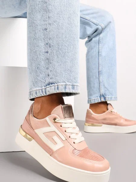 Sznurowane Sneakersy na Grubej Podeszwie z Metaliczną Wstawką Faeline różowe