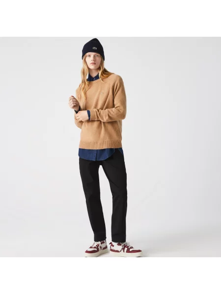 Lacoste Wełniany Sweter Z Okrągłym Kołnierzykiem beżowy