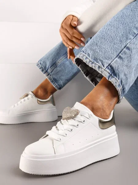 Sneakers Casual cu Platforma Albi și Aurii cu Baretă Pietre și Aplicații Metalice Illita alb