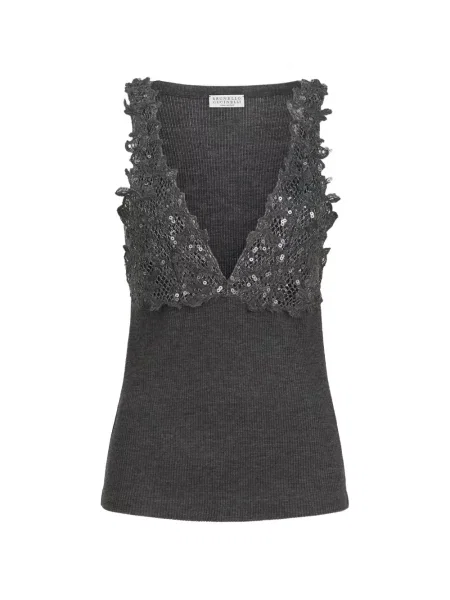 Top Brunello Cucinelli cu broderie de lână gri