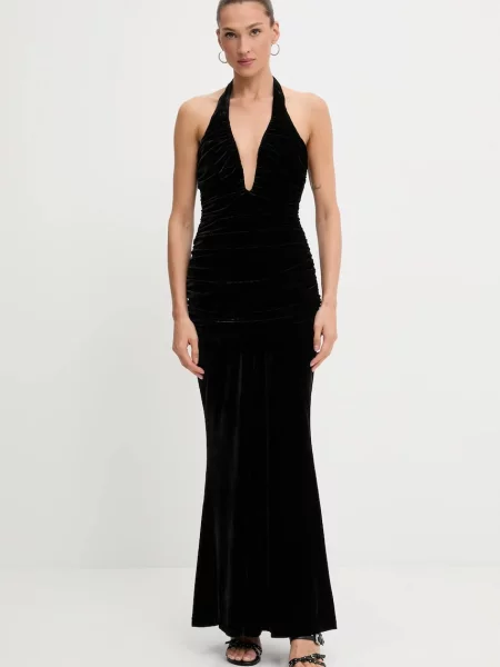 Bardot sukienka welurowa maxi rozkloszowana czarny