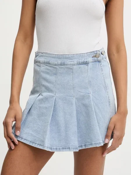 Дънков къс панталон Answear Lab с изчистен дизайн с висока талия синьо