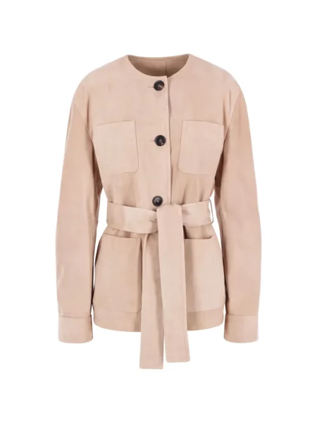 Cu centură geacă Max Mara din piele de căprioară bej