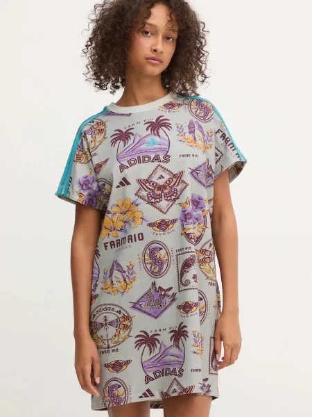 Рокля adidas x Farm Rio къса с уголемена кройка сиво
