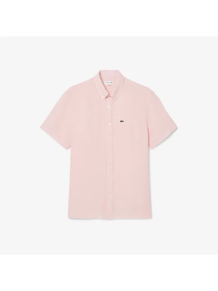 Lacoste Lniana Koszula Z Krótkim Rękawem różowa