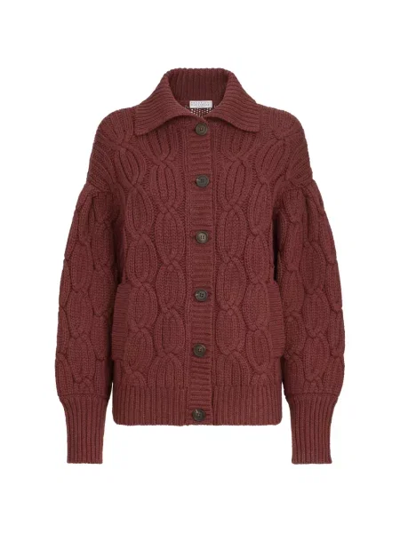 Cardigan Brunello Cucinelli din cașmir cu pene roșu