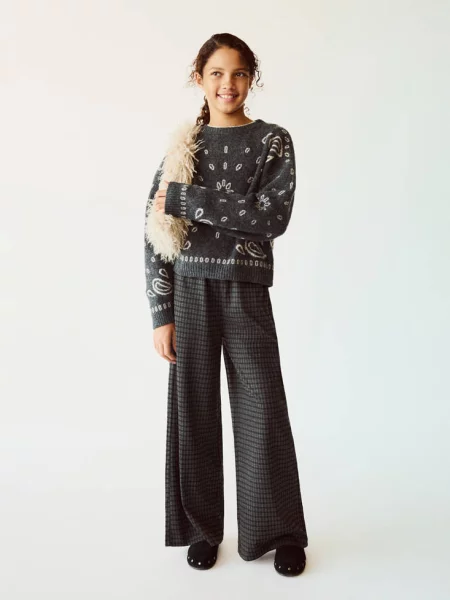 Spodnie wide leg w kratę antracytowy Dzieci lata MANGO KIDS