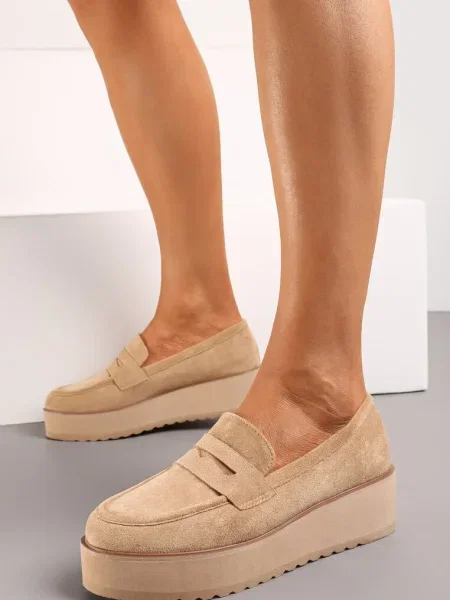 Pantofi Bleumarin Mocasini din piele intoarsa ecologica pe platforma Vhisper bej