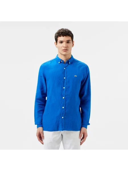 Lacoste Lniana Koszula Button-Down Regular Fit niebieska