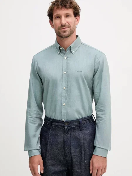 Риза BOSS Orange мъжка със стандартна кройка с яка с копче зелено