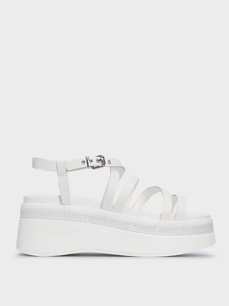 Шкіряні босоніжки Tommy Jeans на танкетці з ремінцями білі