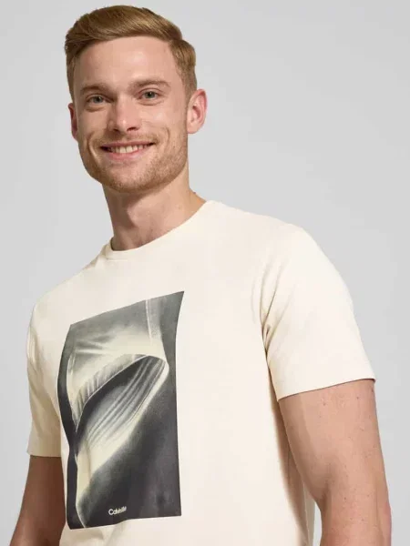 T-shirt z nadrukiem z logo Ck Calvin Klein beżowa