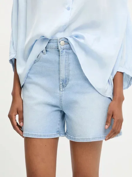 Дънков къс панталон Answear Lab с изчистен дизайн с висока талия синьо