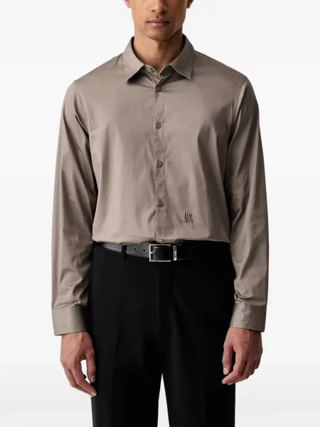 Cămașă Armani Exchange cu broderie din poplin maro