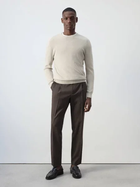 Sweter z cienkiej prążkowanej dzianiny Mężczyzna S MANGO MAN beżowy