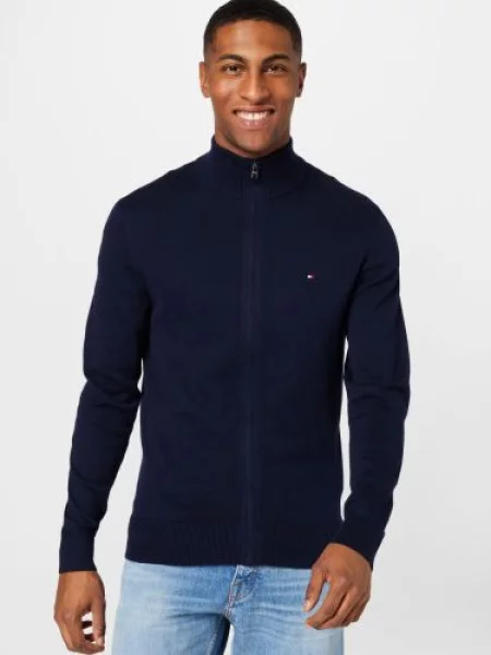 TOMMY HILFIGER Pletena jopa nočno modra / ognjeno rdeča bela