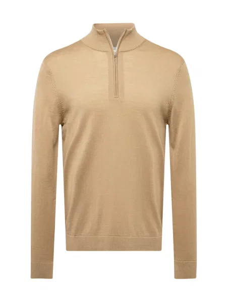 Pulover Selected Homme tricotate de jumătate de fermoar bej