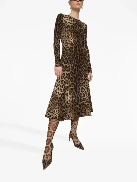 Raštuota midi suknelė Dolce & Gabbana leopardinė iki kelių ruda