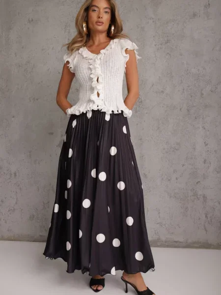 Rozkloszowana Spódnica Plisowana High Waist w Groszki Telede czarna